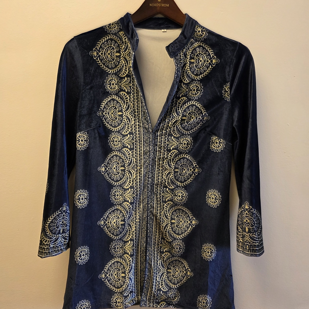 Blue Silver Graphic Embellished Tunic with Mandarin Collar